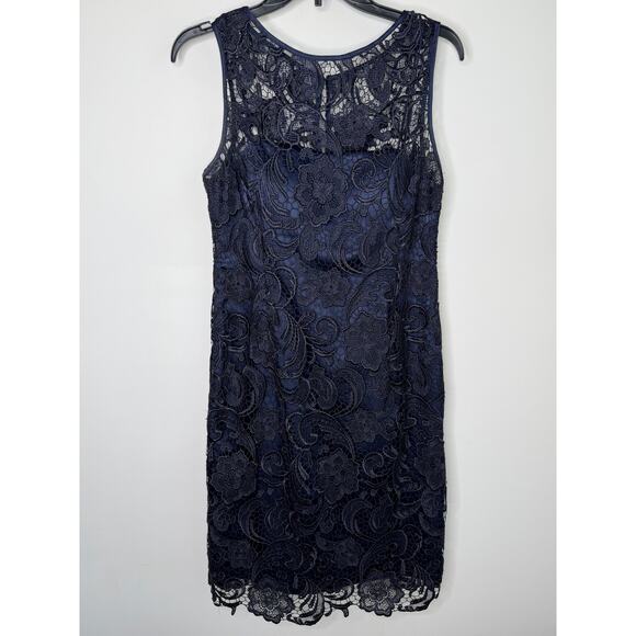 Adrianna Papell Illusion Bodice Lace Sleeveless Sheath Dress Navy Blue  Womens 10
